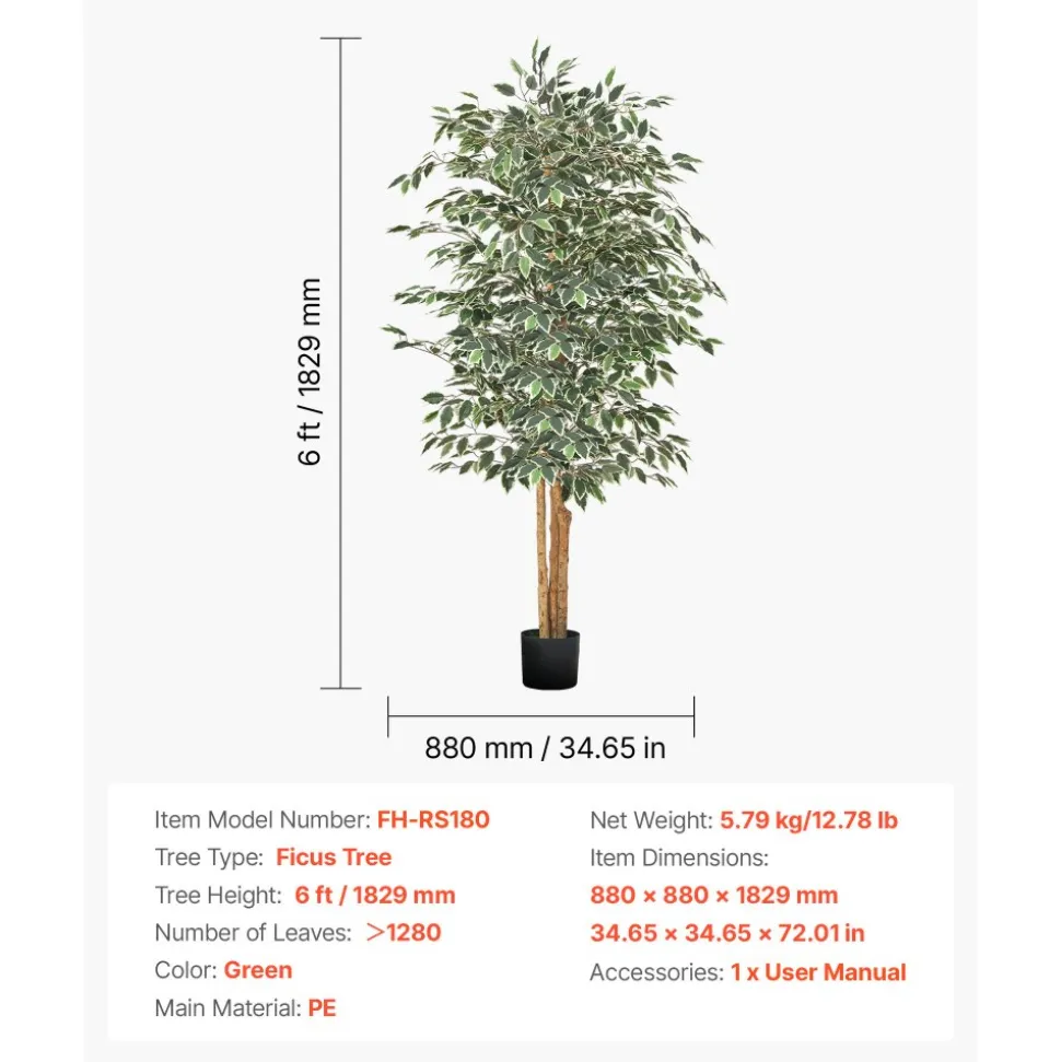VEVOR 6FT Artificial Ficus Tree with Black Pot, Tall Faux Ficus Plant with Natural Wood Trunk and Realistic Green Leaves, Indoor Fake Silk Tree for Home, Office, Living Room, or Corner Décor