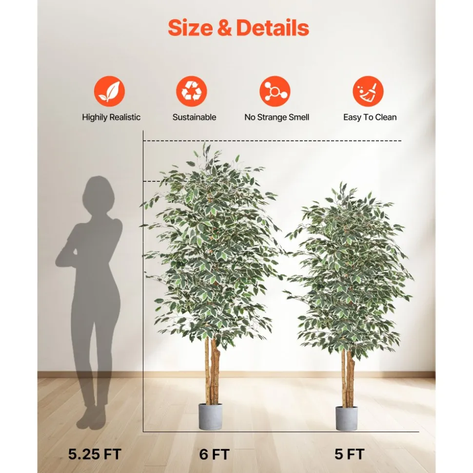 VEVOR 6FT Artificial Ficus Tree with Black Pot, Tall Faux Ficus Plant with Natural Wood Trunk and Realistic Green Leaves, Indoor Fake Silk Tree for Home, Office, Living Room, or Corner Décor