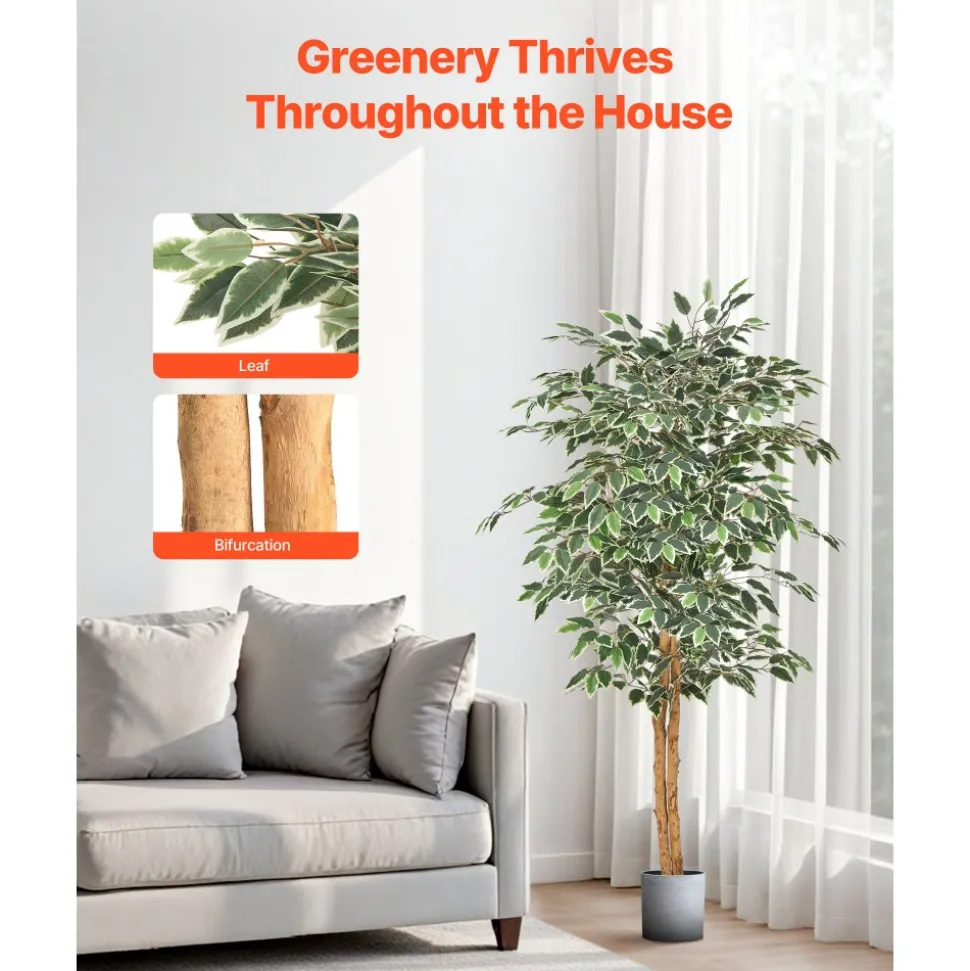 VEVOR 5FT Artificial Ficus Tree with Black Pot, Tall Faux Ficus Plant with Natural Wood Trunk and Realistic Green Leaves, Indoor Fake Silk Tree for Home, Office, Living Room, or Corner Décor