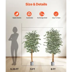 VEVOR 5FT Artificial Ficus Tree with Black Pot, Tall Faux Ficus Plant with Natural Wood Trunk and Realistic Green Leaves, Indoor Fake Silk Tree for Home, Office, Living Room, or Corner Décor
