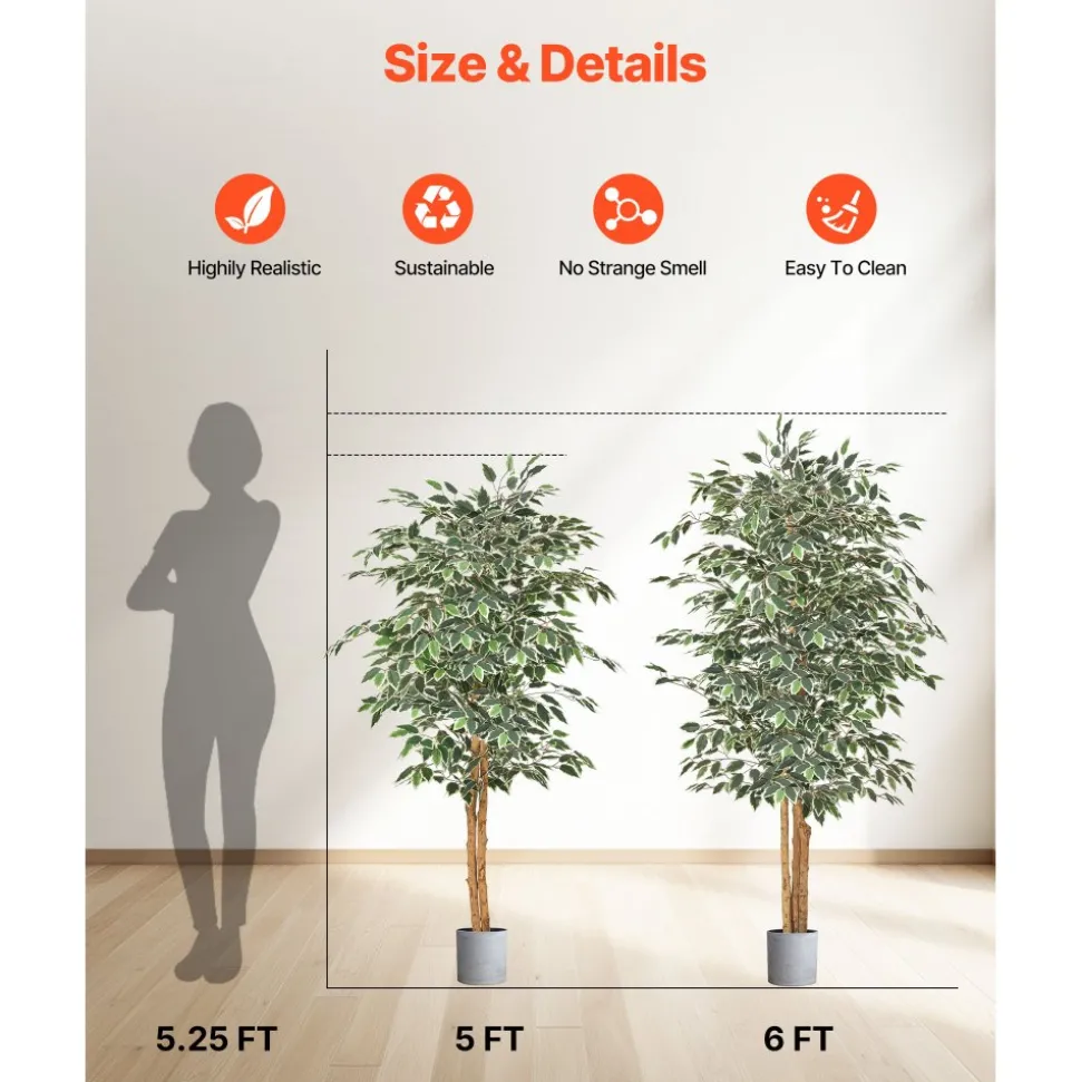 VEVOR 5FT Artificial Ficus Tree with Black Pot, Tall Faux Ficus Plant with Natural Wood Trunk and Realistic Green Leaves, Indoor Fake Silk Tree for Home, Office, Living Room, or Corner Décor
