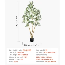 VEVOR 6FT Artificial Olive Tree with Black Pot, Tall Fake Tree with Natural Wood Trunk & Realistic Green Leaves and Fruits, Indoor Faux Plant for Home, Office, Living Room, Corner Decor