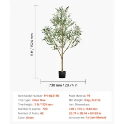 VEVOR 5FT Artificial Olive Tree with Black Pot, Tall Fake Tree with Natural Wood Trunk & Realistic Green Leaves and Fruits, Indoor Faux Plant for Home, Office, Living Room, Corner Decor