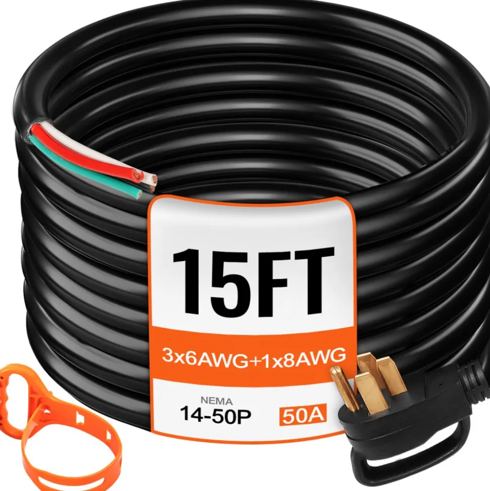 VEVOR 15 ft 50A RV Camp Power Cord Generator Cord 6/3+8/1 AWG NEMA 14-50P to Bare Wire