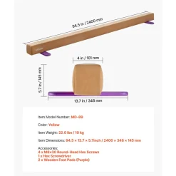 VEVOR 8FT Balance Beam for Kids, 350 LBS Stable Support Gymnastics Floor Beam with Non-Slip Wooden Mats, Wood-Core Gymnastics Training Equipment with Anti-Slip Bottom for Home and Gym, Yellow