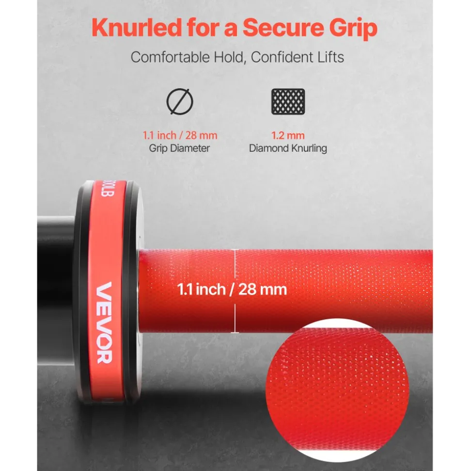 VEVOR 6FT Barbell Bar, Fits 2-Inch Weight Plates, Chrome Plated Barbell Bar with Knurled Grip for Strength Training, Weightlifting, Squat, Deadlift, Bench Press, Curl, Overhead Press, 500lbs Capacity