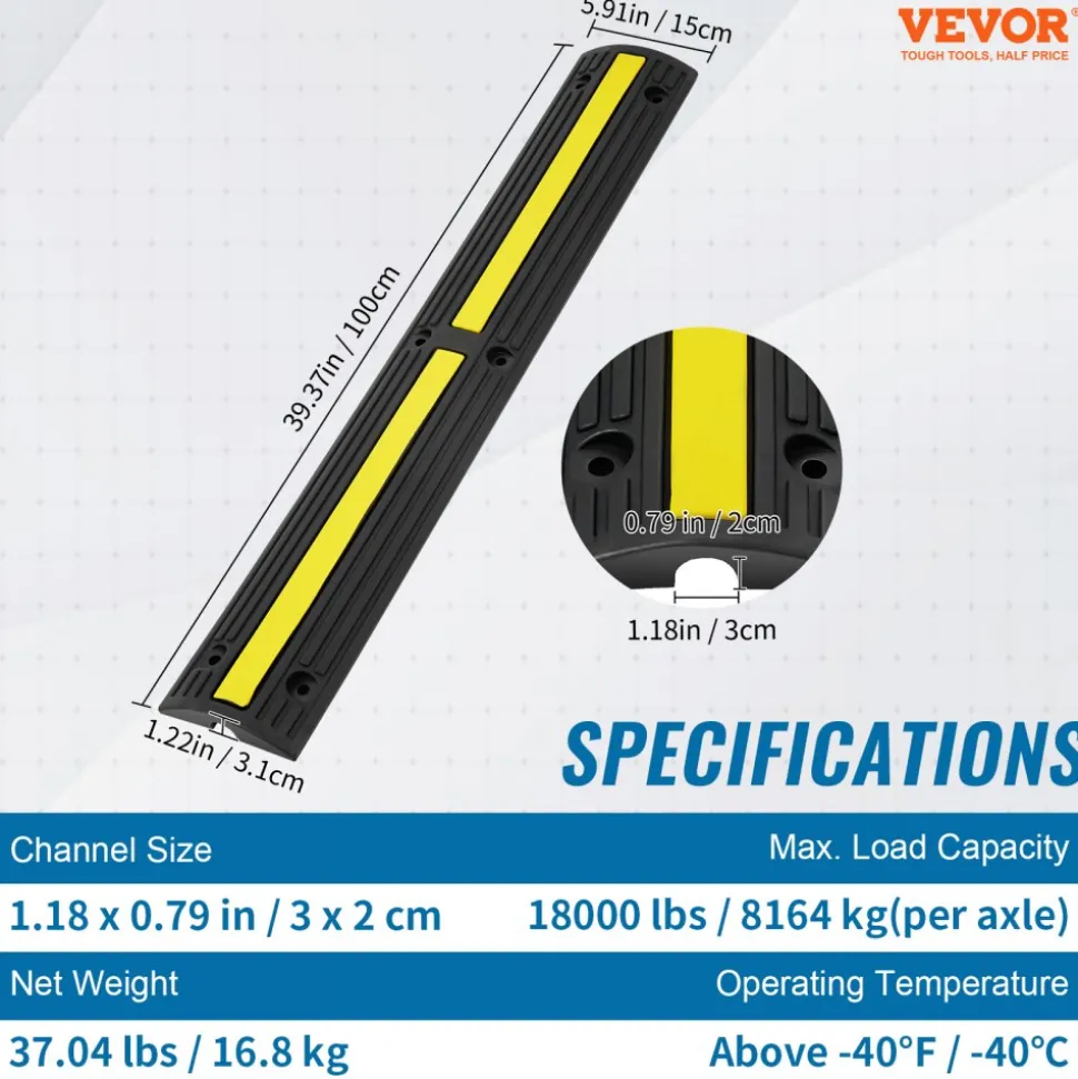 VEVOR 3.28 ft Cable Protector Ramp, 4 Pack of 1 Channel, 18000 lbs/axle Capacity Heavy Duty Rubber Speed Bumps, Floor Cord Cable Protector Wire Cover, for Residential Areas, Private Garages, Gardens