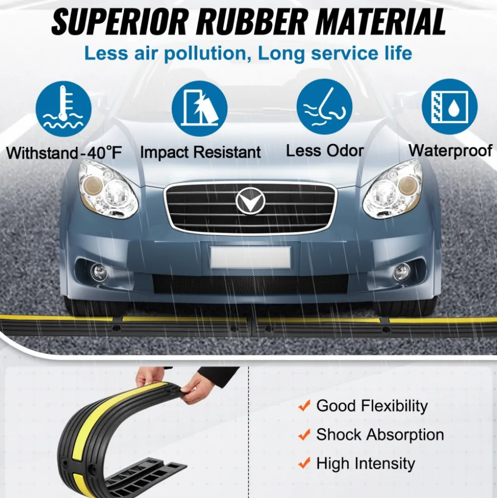 VEVOR 3.28 ft Cable Protector Ramp, 4 Pack of 1 Channel, 18000 lbs/axle Capacity Heavy Duty Rubber Speed Bumps, Floor Cord Cable Protector Wire Cover, for Residential Areas, Private Garages, Gardens