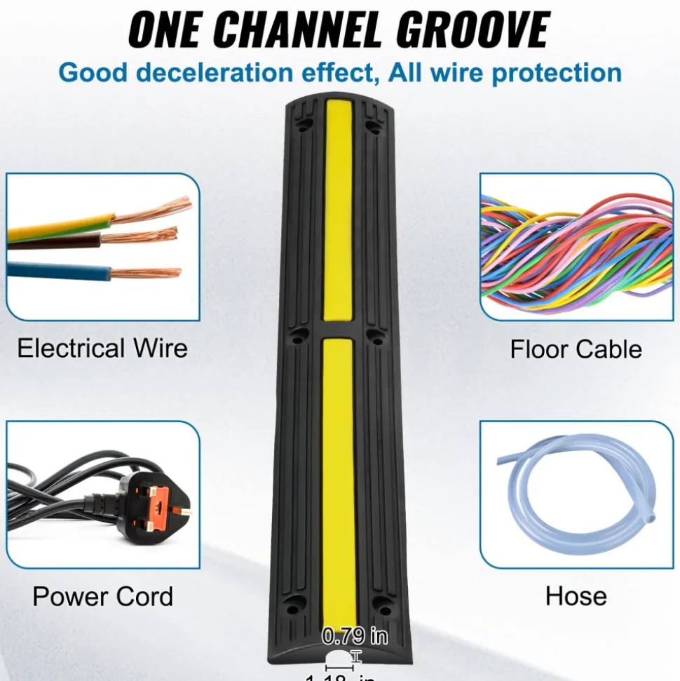 VEVOR 3.28 ft Cable Protector Ramp, 4 Pack of 1 Channel, 18000 lbs/axle Capacity Heavy Duty Rubber Speed Bumps, Floor Cord Cable Protector Wire Cover, for Residential Areas, Private Garages, Gardens