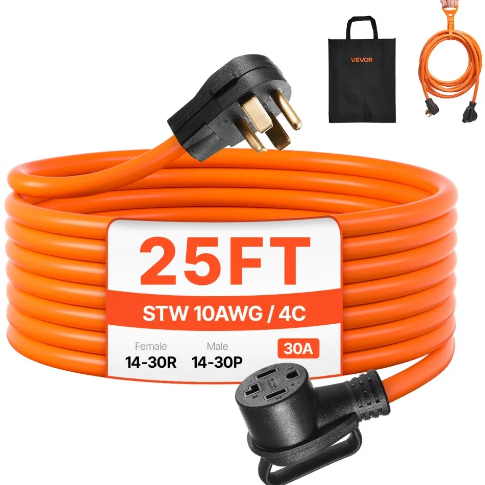 VEVOR 25 ft Dryer Extension Cord, 4-Prong NEMA 14-30P to 14-30R Dryer Cord, 125V/250V, STW 10AWG/4C, 30A, Pure Copper Wire Cable with Black Non-woven Bag and PVC Cable Tie, for Outdoor & Indoor Use