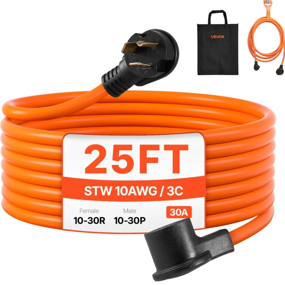 VEVOR 25 ft Dryer Extension Cord, 3-Prong NEMA 10-30P to 10-30R Dryer Cord, 125V/250V STW 10AWG/3C, 30A, Pure Copper Wire Cable with Black Non-woven Bag and PVC Cable Tie, Ideal for Indoor & Outdoor