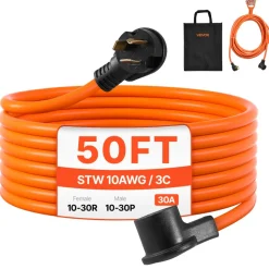 VEVOR 50 ft Dryer Extension Cord, 3-Prong NEMA 10-30P to 10-30R Dryer Cord, 125V/250V STW 10AWG/3C, 30A, Pure Copper Wire Cable with Black Non-woven Bag and PVC Cable Tie, Ideal for Indoor & Outdoor