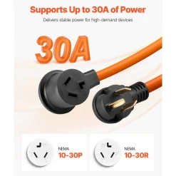 VEVOR 50 ft Dryer Extension Cord, 3-Prong NEMA 10-30P to 10-30R Dryer Cord, 125V/250V STW 10AWG/3C, 30A, Pure Copper Wire Cable with Black Non-woven Bag and PVC Cable Tie, Ideal for Indoor & Outdoor