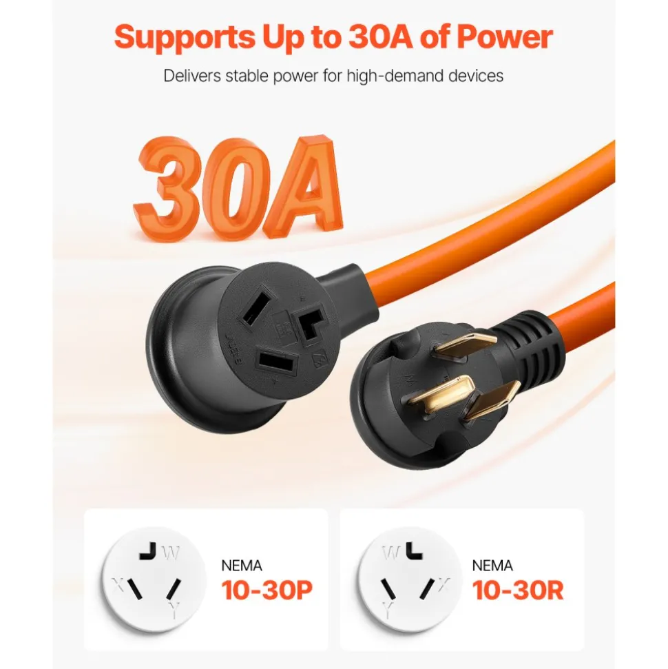 VEVOR 50 ft Dryer Extension Cord, 3-Prong NEMA 10-30P to 10-30R Dryer Cord, 125V/250V STW 10AWG/3C, 30A, Pure Copper Wire Cable with Black Non-woven Bag and PVC Cable Tie, Ideal for Indoor & Outdoor