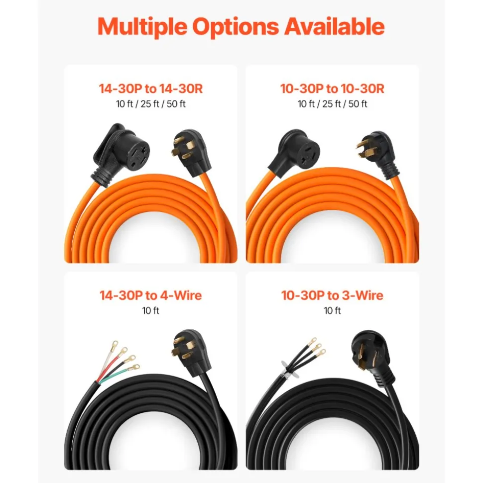 VEVOR 10 ft Dryer Extension Cord, 4-Prong NEMA 14-30P to 14-30R Dryer Cord, 125V/250V, STW 10AWG/4C, 30A, Pure Copper Wire Cable with Black Non-woven Bag and PVC Cable Tie, for Outdoor & Indoor Use