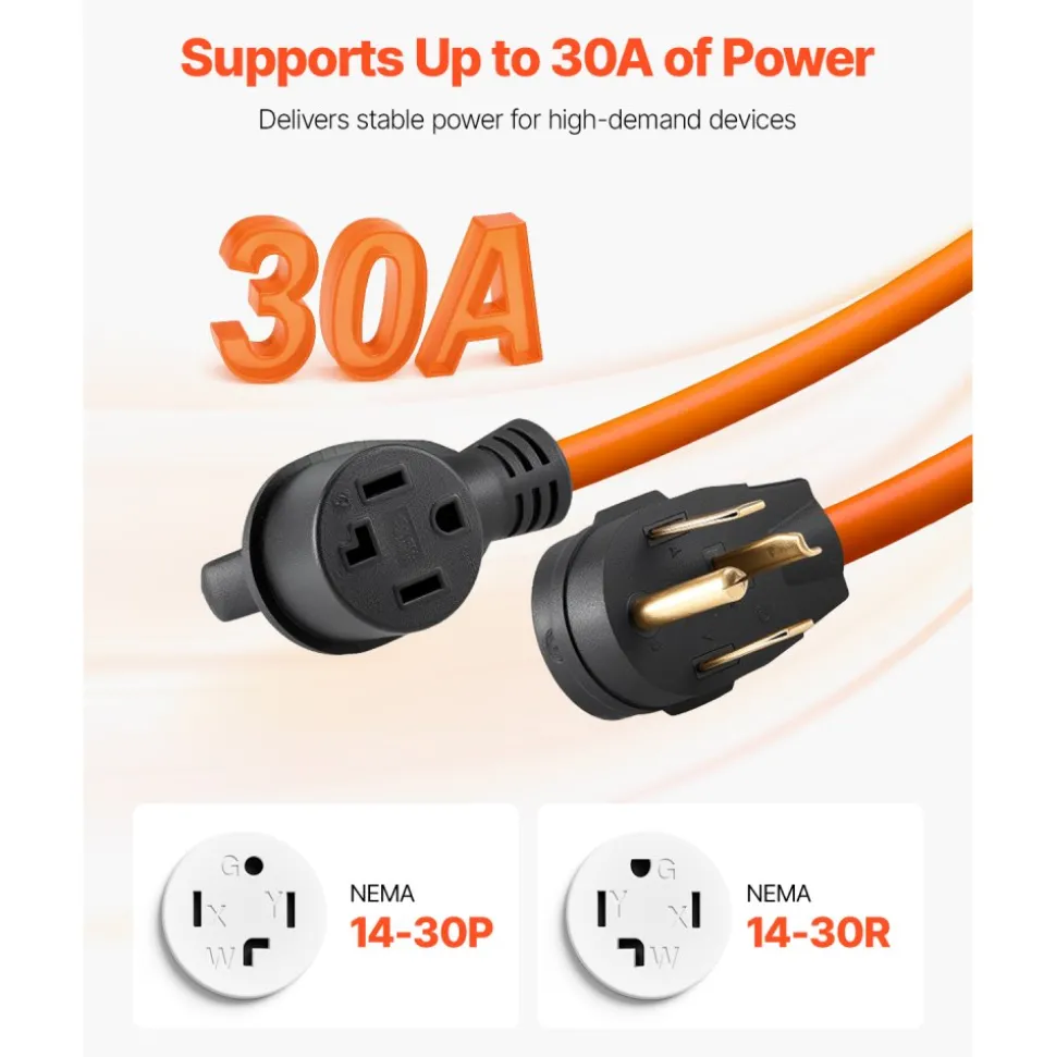 VEVOR 10 ft Dryer Extension Cord, 4-Prong NEMA 14-30P to 14-30R Dryer Cord, 125V/250V, STW 10AWG/4C, 30A, Pure Copper Wire Cable with Black Non-woven Bag and PVC Cable Tie, for Outdoor & Indoor Use