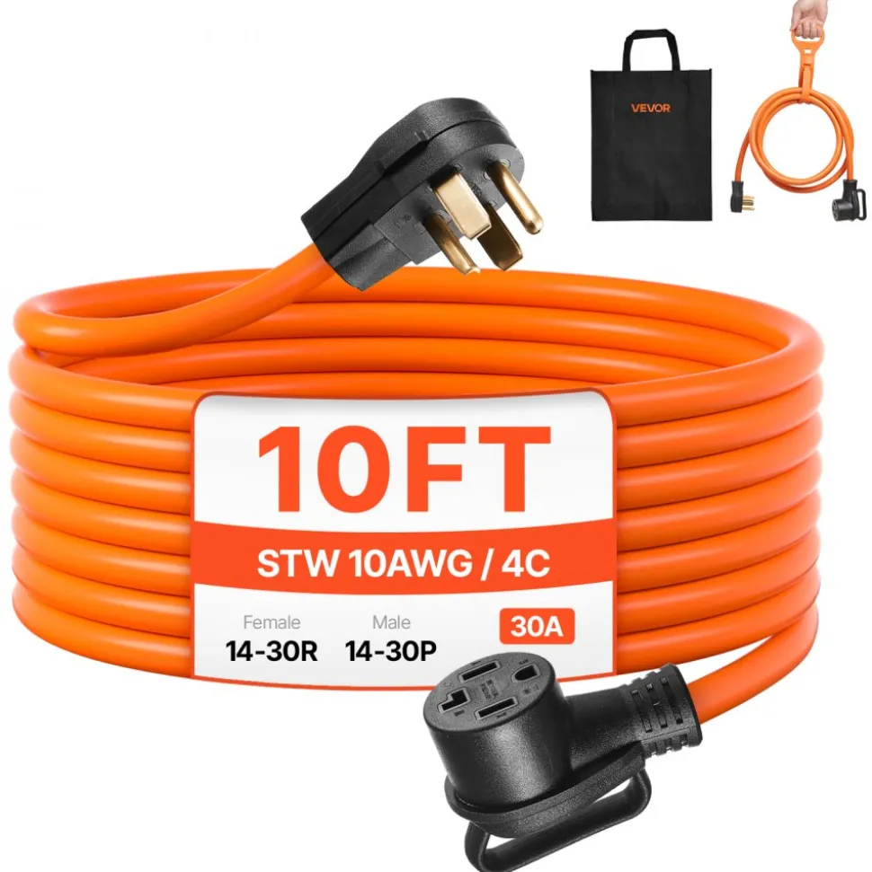 VEVOR 10 ft Dryer Extension Cord, 4-Prong NEMA 14-30P to 14-30R Dryer Cord, 125V/250V, STW 10AWG/4C, 30A, Pure Copper Wire Cable with Black Non-woven Bag and PVC Cable Tie, for Outdoor & Indoor Use