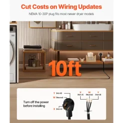 VEVOR 10 ft Dryer Power Cord, 3-Prong NEMA 10-30P Appliance Dryer Cord with Eyelet Connectors, 125V/250V, SDRT 10AWG/3C, 30A, Pure Copper Wire Cable with PVC Cable Tie, Ideal for Indoor & Outdoor Use