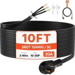 VEVOR 10 ft Dryer Power Cord, 3-Prong NEMA 10-30P Appliance Dryer Cord with Eyelet Connectors, 125V/250V, SDRT 10AWG/3C, 30A, Pure Copper Wire Cable with PVC Cable Tie, Ideal for Indoor & Outdoor Use