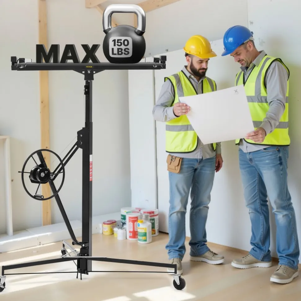 VEVOR 11ft Drywall Lift, Heavy-Duty 150 lbs Sheetrock Hoist with Adjustable Telescoping Arm, Lockable Wheels, Drywall Lifter Panel Jack Hoist Tools Ideal for Ceiling & Wall Installation (Black)