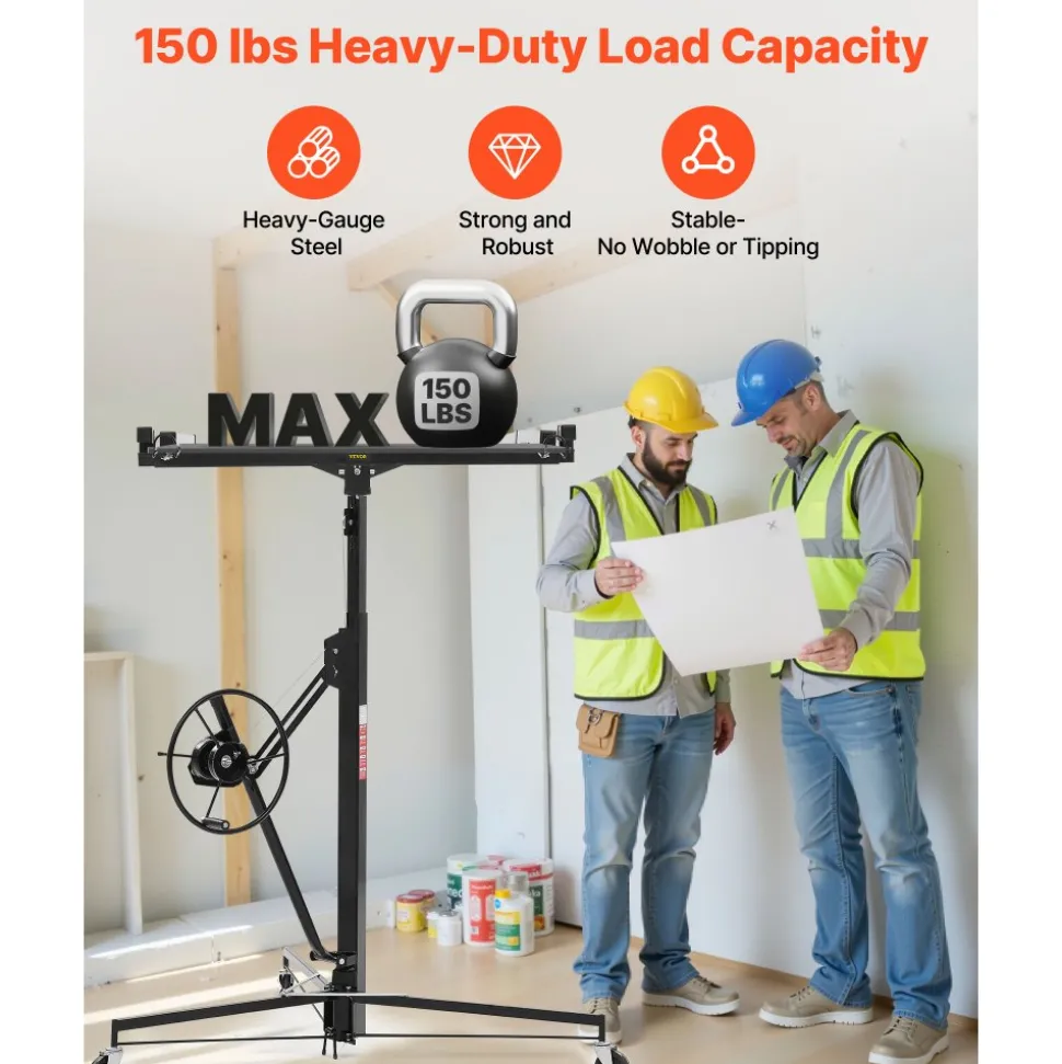 VEVOR 11ft Drywall Lift, Heavy-Duty 150 lbs Sheetrock Hoist with Adjustable Telescoping Arm, Lockable Wheels, Drywall Lifter Panel Jack Hoist Tools Ideal for Ceiling & Wall Installation (Black)