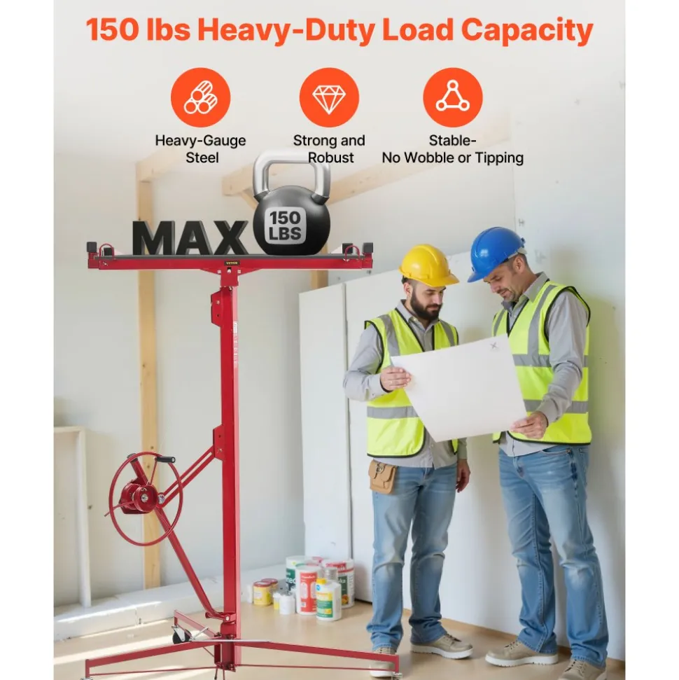 VEVOR 16ft Drywall Lift, Heavy-Duty 150 lbs Sheetrock Hoist with Adjustable Telescoping Arm, Lockable Wheels, Drywall Lifter Panel Jack Hoist Tools Ideal for Ceiling & Wall Installation (Red)