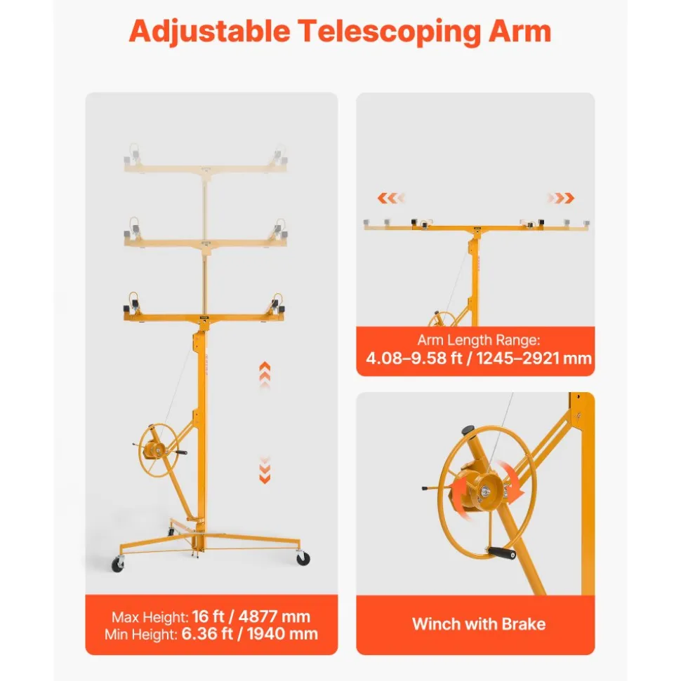 VEVOR 16ft Drywall Lift, Heavy-Duty 150 lbs Sheetrock Hoist with Adjustable Telescoping Arm, Lockable Wheels, Drywall Lifter Panel Jack Hoist Tools Ideal for Ceiling & Wall Installation (Yellow)