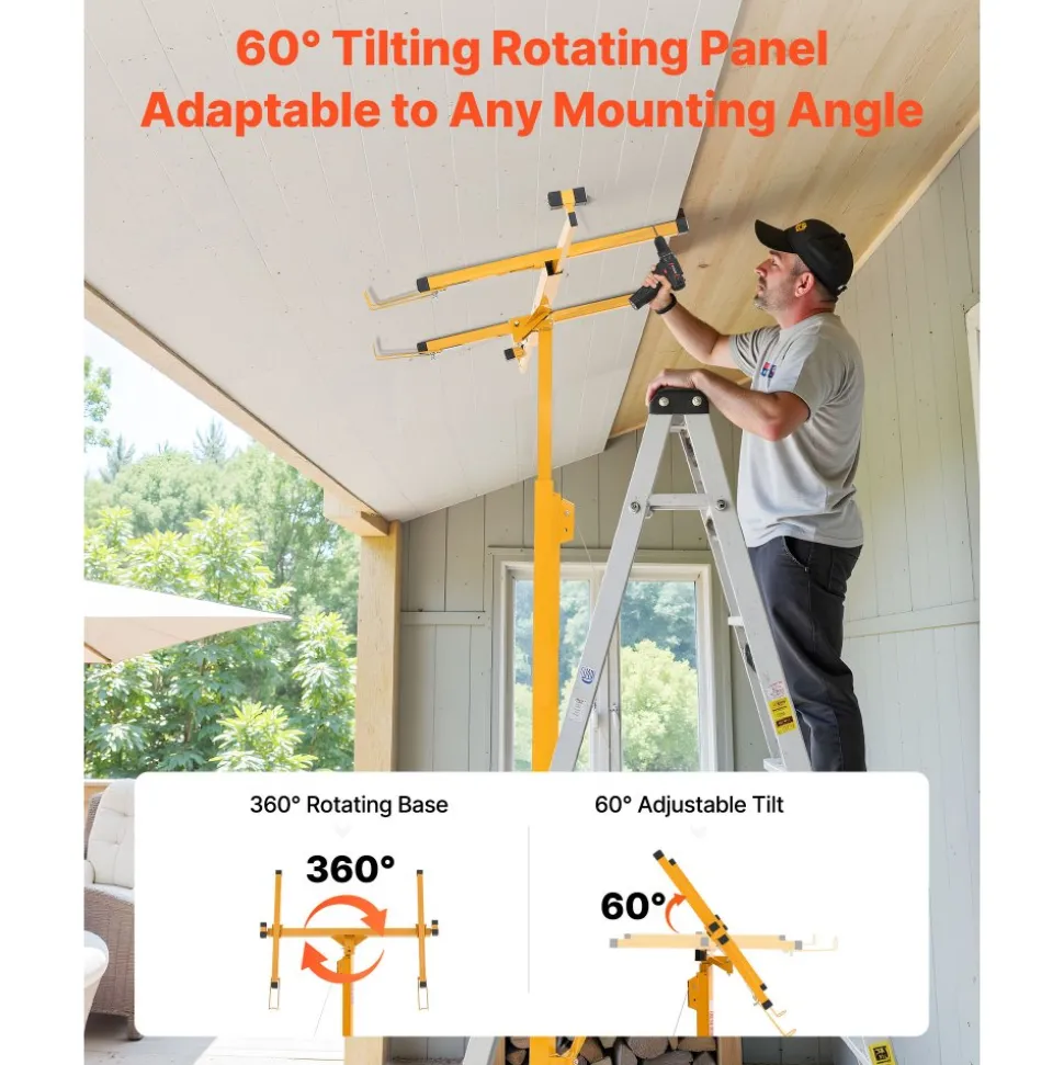 VEVOR 16ft Drywall Lift, Heavy-Duty 150 lbs Sheetrock Hoist with Adjustable Telescoping Arm, Lockable Wheels, Drywall Lifter Panel Jack Hoist Tools Ideal for Ceiling & Wall Installation (Yellow)
