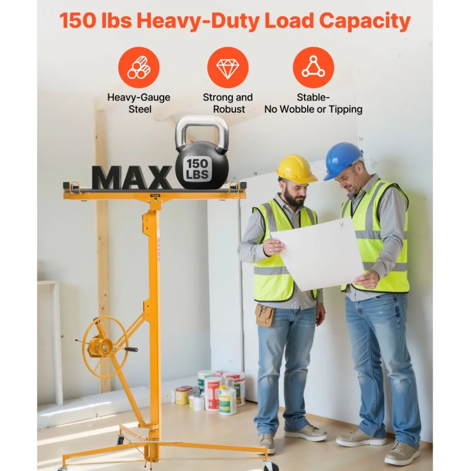 VEVOR 16ft Drywall Lift, Heavy-Duty 150 lbs Sheetrock Hoist with Adjustable Telescoping Arm, Lockable Wheels, Drywall Lifter Panel Jack Hoist Tools Ideal for Ceiling & Wall Installation (Yellow)