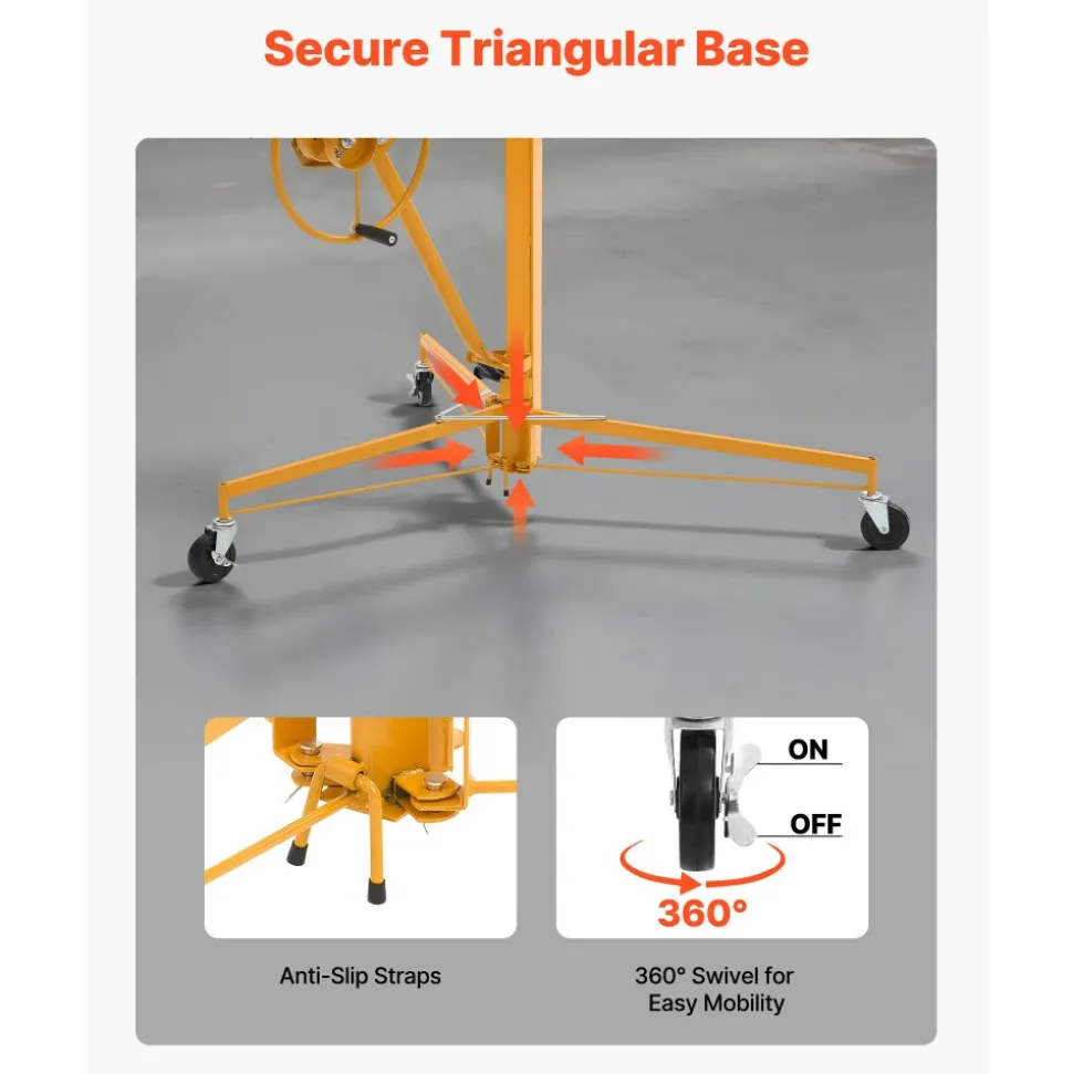 VEVOR 16ft Drywall Lift, Heavy-Duty 150 lbs Sheetrock Hoist with Adjustable Telescoping Arm, Lockable Wheels, Drywall Lifter Panel Jack Hoist Tools Ideal for Ceiling & Wall Installation (Yellow)