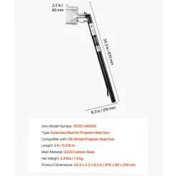 VEVOR 3FT Extension Pole for Heat Gun, Only Compatible with DR.Shrink Propane Heat Guns, Extended Reach Rod for Fast Heat-Shrink Wrapping, Combustor Head Included