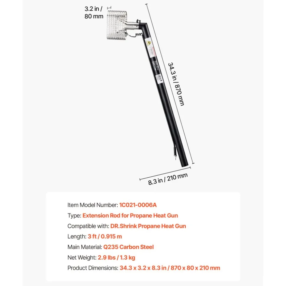 VEVOR 3FT Extension Pole for Heat Gun, Only Compatible with DR.Shrink Propane Heat Guns, Extended Reach Rod for Fast Heat-Shrink Wrapping, Combustor Head Included