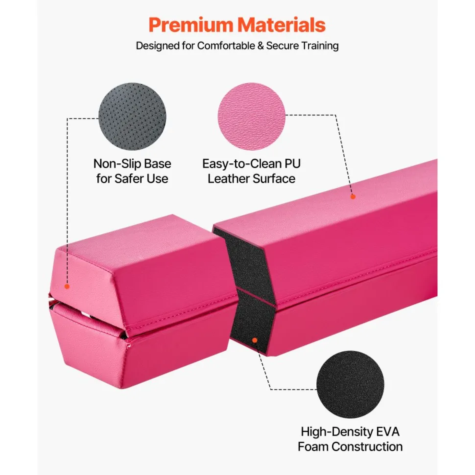 VEVOR 8FT Folding Balance Beam for Kids, 200LBS Stable Support Gymnastics Floor Beam with Non-Slip Mats, Gymnastics Training Equipment with Anti-Slip Bottom and Carrying Bag for Home Gym, Pink