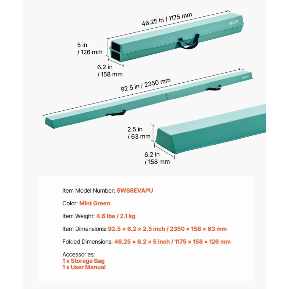 VEVOR 8FT Folding Balance Beam for Kids, 200LBS Stable Support Gymnastics Floor Beam with Non-Slip Mats, Gymnastics Training Equipment with Anti-Slip Bottom and Carrying Bag for Home Gym, Mint Green