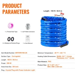 VEVOR 100ft Heated Water Hose for RV, Heated Drinking Water Hose with Corrugated Cover Antifreeze to -45°F, Automatic Self-regulating, 5/8