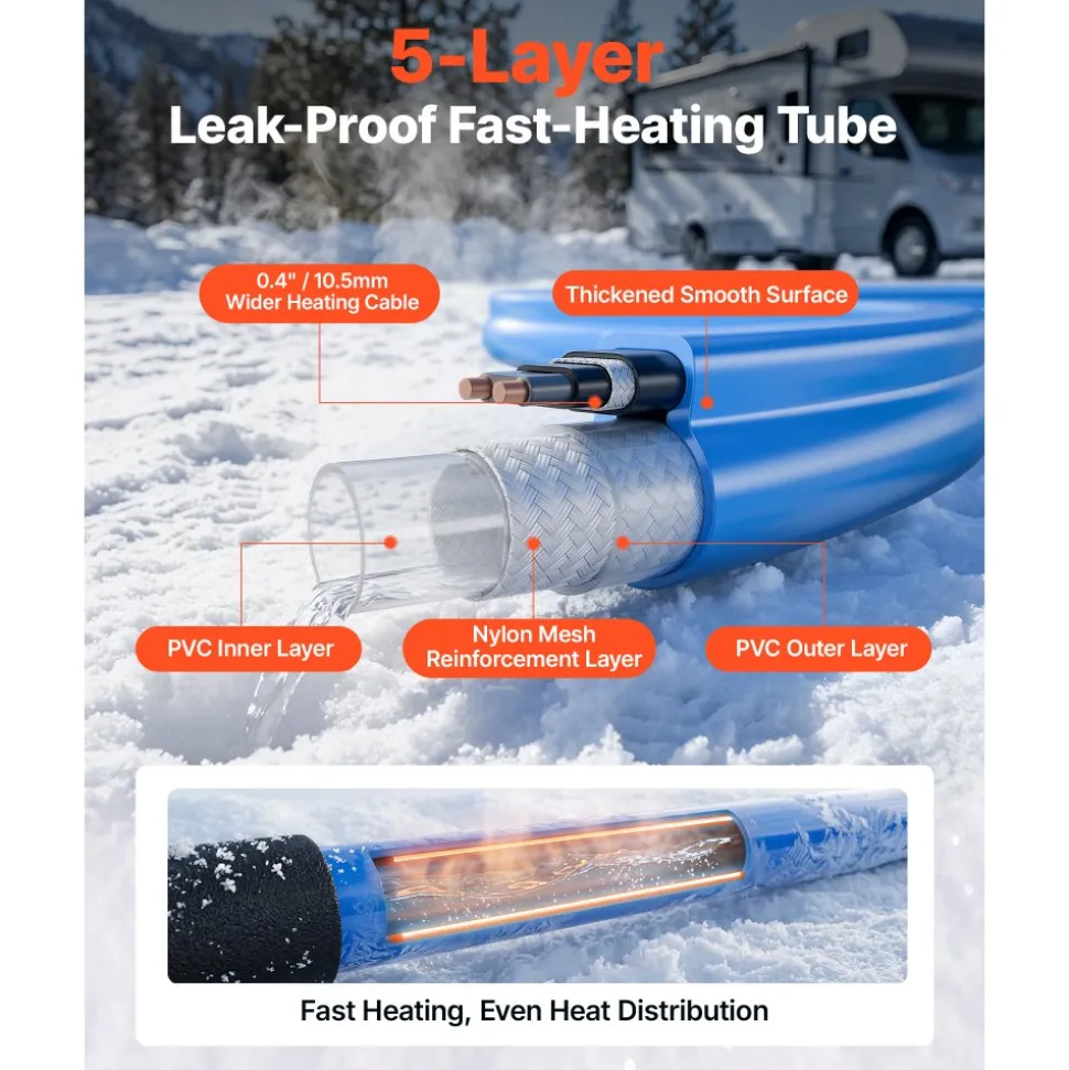 VEVOR 100FT Heated Water Hose for RV -45°F Anti Freeze Drinking Water Hose, 1/2" ID, Smooth Surface, with Leakage Protection GFCI, Built-in Thermostat, Freeze & Leak-Proof, Lead and BPA Free for RVs