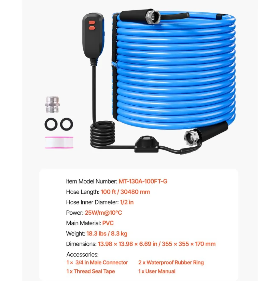 VEVOR 100FT Heated Water Hose for RV -45°F Anti Freeze Drinking Water Hose, 1/2" ID, Smooth Surface, with Leakage Protection GFCI, Built-in Thermostat, Freeze & Leak-Proof, Lead and BPA Free for RVs