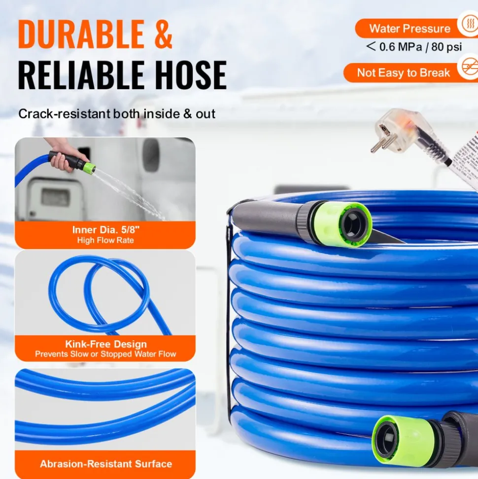 VEVOR 15FT Heated Water Hose for RV Antifreeze to -45°F Drinking Water Hose, 1/2" ID, Smooth Surface, Built-in Thermostat, Freeze & Leak-Proof, Lead and BPA Free, Fast Heating for RV Camping Garden