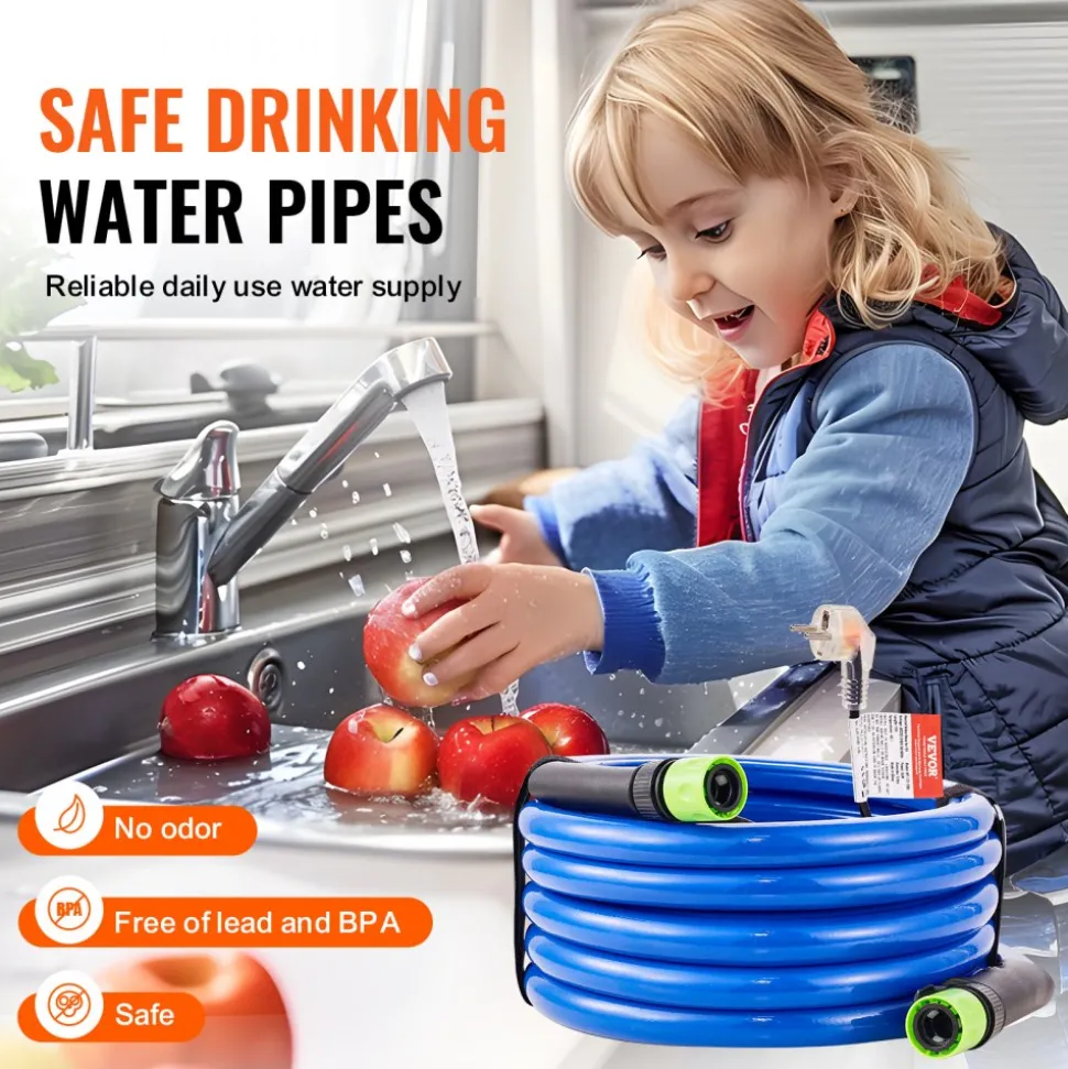 VEVOR 30ft Heated Water Hose for RV, Heated Drinking Water Hose with Corrugated Cover Antifreeze to -45°F, Automatic Self-regulating, 5/8" I.D. with 3/4" GHT Adapter, Lead and BPA Free