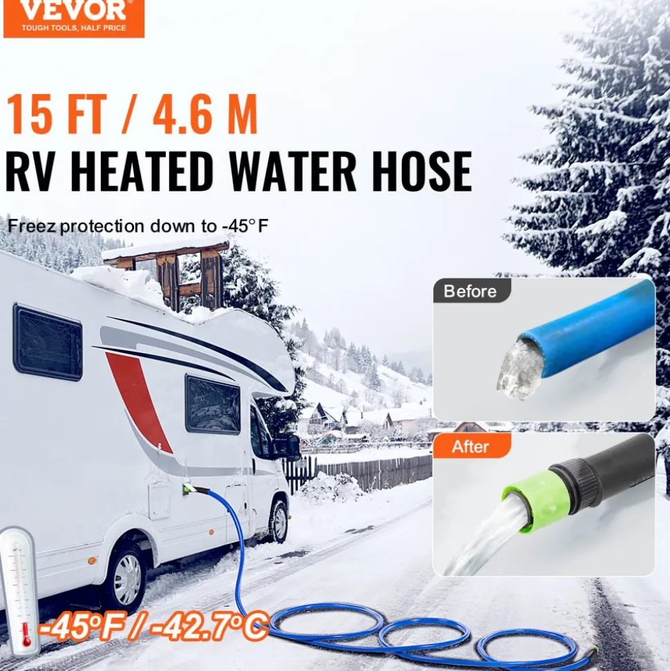 VEVOR 30ft Heated Water Hose for RV, Heated Drinking Water Hose with Corrugated Cover Antifreeze to -45°F, Automatic Self-regulating, 5/8" I.D. with 3/4" GHT Adapter, Lead and BPA Free