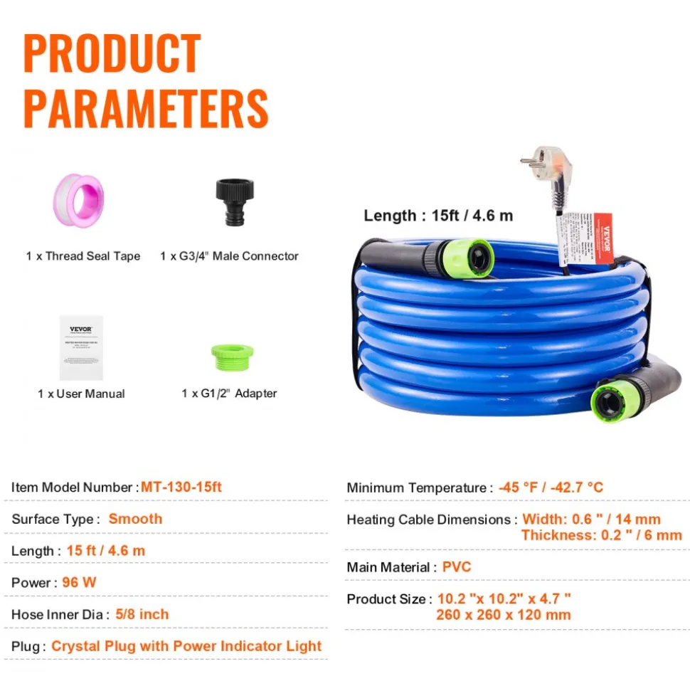 VEVOR 30ft Heated Water Hose for RV, Heated Drinking Water Hose with Corrugated Cover Antifreeze to -45°F, Automatic Self-regulating, 5/8" I.D. with 3/4" GHT Adapter, Lead and BPA Free