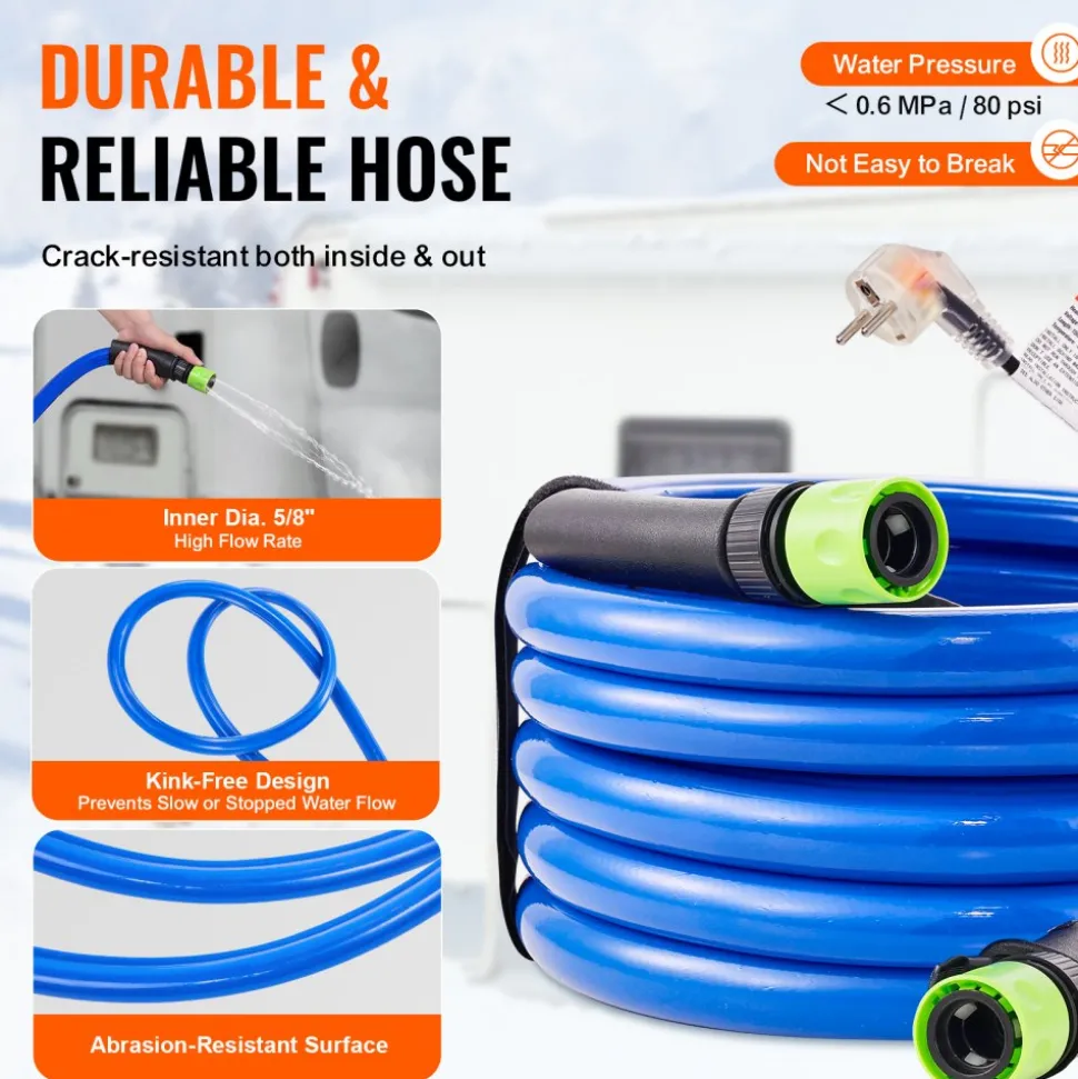 VEVOR 30ft Heated Water Hose for RV, Heated Drinking Water Hose with Corrugated Cover Antifreeze to -45°F, Automatic Self-regulating, 5/8" I.D. with 3/4" GHT Adapter, Lead and BPA Free