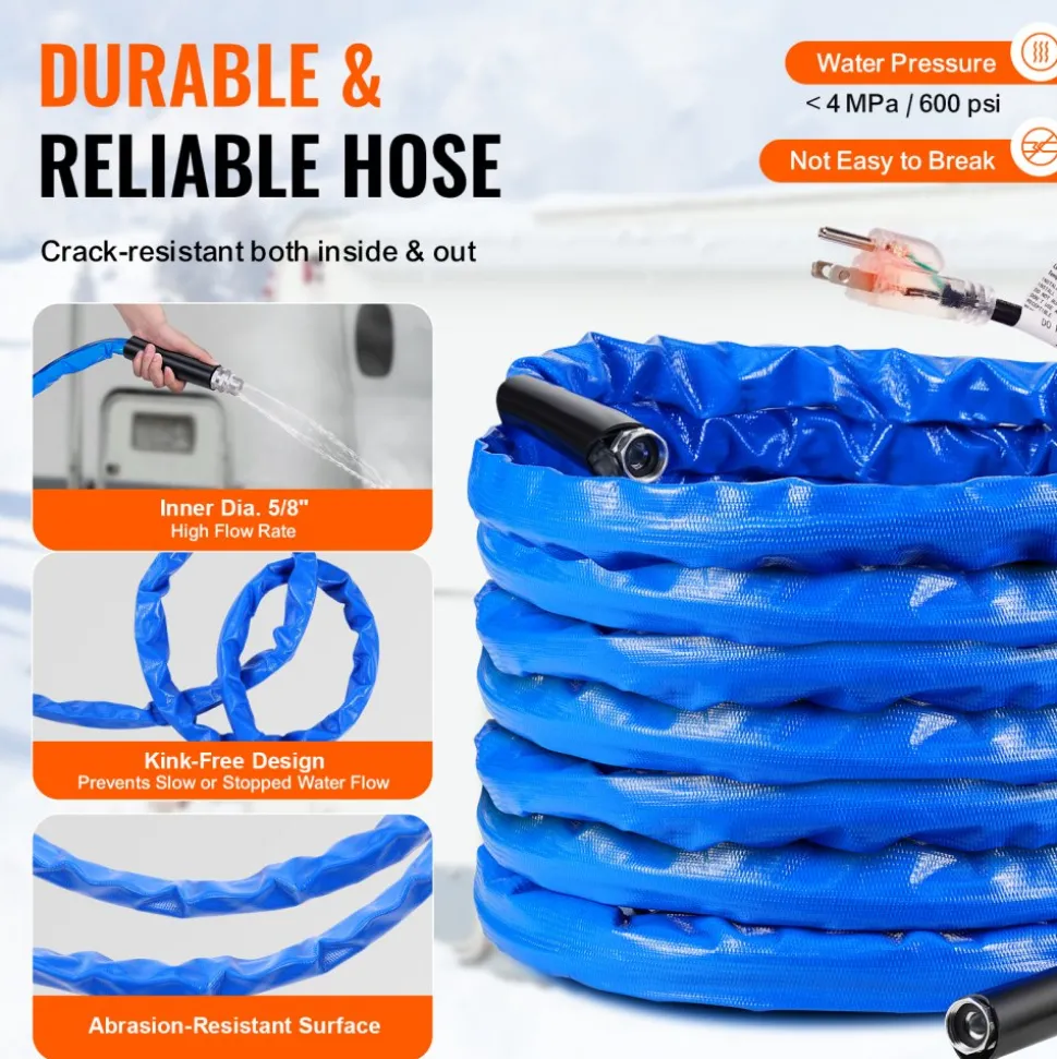 VEVOR 75FT Heated Water Hose for RV -45°F Anti Freeze Drinking Water Hose, 1/2" ID, Smooth Surface, with Leakage Protection GFCI, Built-in Thermostat, Freeze & Leak-Proof, Lead and BPA Free for RVs