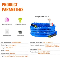 VEVOR 25ft Heated Water Hose for RV, Heated Drinking Water Hose Antifreeze to -45°F, Automatic Self-regulating, 5/8