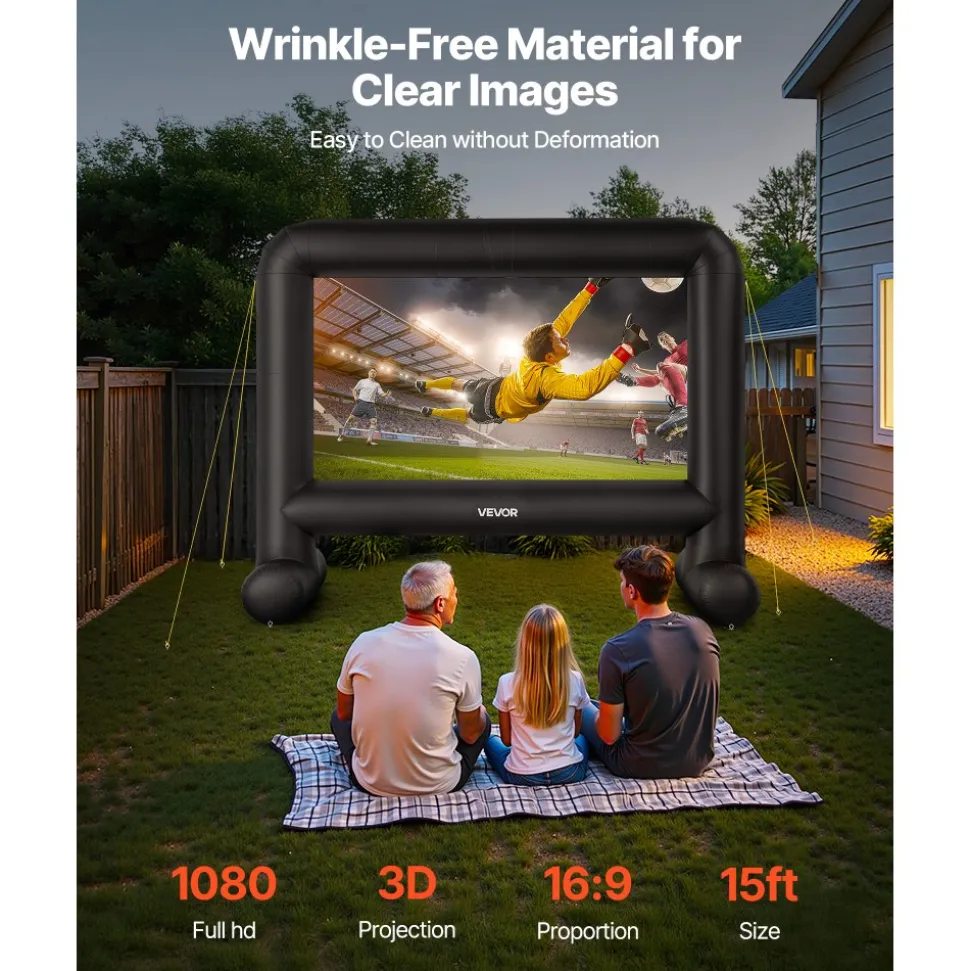 VEVOR 15FT Inflatable Movie Screen, Inflatable Projector Screen with Portable Storage Bag, 16:9 Easy Set Up Movie Projection for Outdoor Backyard, Home Theater, Theme Party