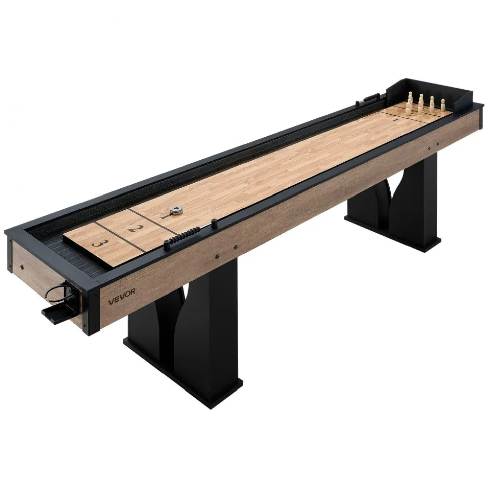 VEVOR 9 ft LED Shuffleboard Table, 2 in 1 Shuffleboard and Bowling Combo Set, Shuffle Board with Light‑Up Rails, Scratch-Resistant Playfield, 8 Pucks, Bowling Set, Wax, Brush, for Family Game Room
