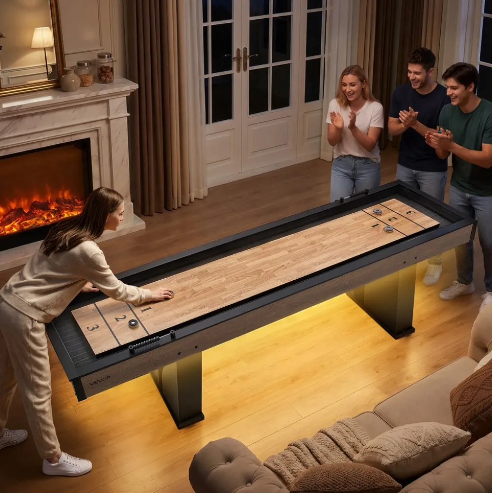 VEVOR 9 ft LED Shuffleboard Table, 2 in 1 Shuffleboard and Bowling Combo Set, Shuffle Board with Light‑Up Rails, Scratch-Resistant Playfield, 8 Pucks, Bowling Set, Wax, Brush, for Family Game Room