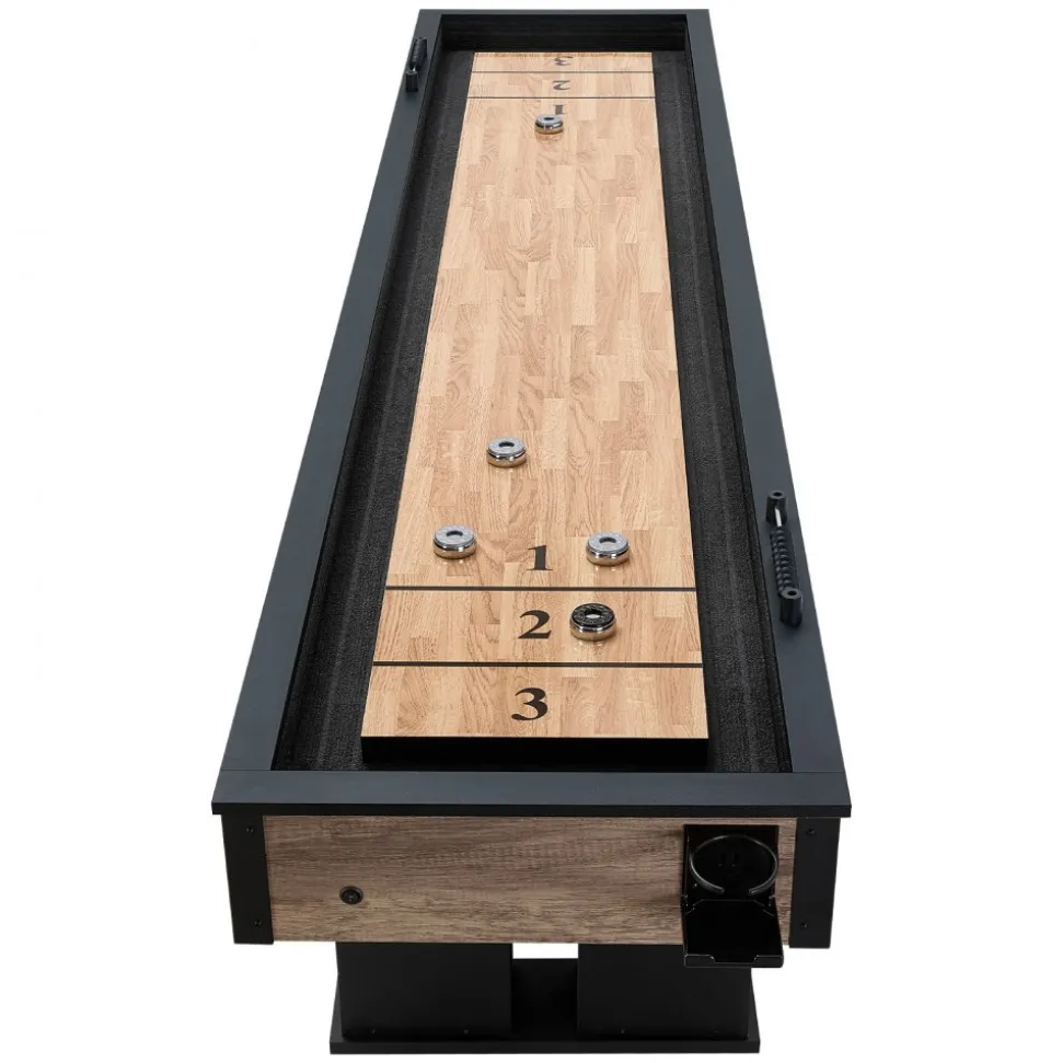 VEVOR 9 ft LED Shuffleboard Table, 2 in 1 Shuffleboard and Bowling Combo Set, Shuffle Board with Light‑Up Rails, Scratch-Resistant Playfield, 8 Pucks, Bowling Set, Wax, Brush, for Family Game Room