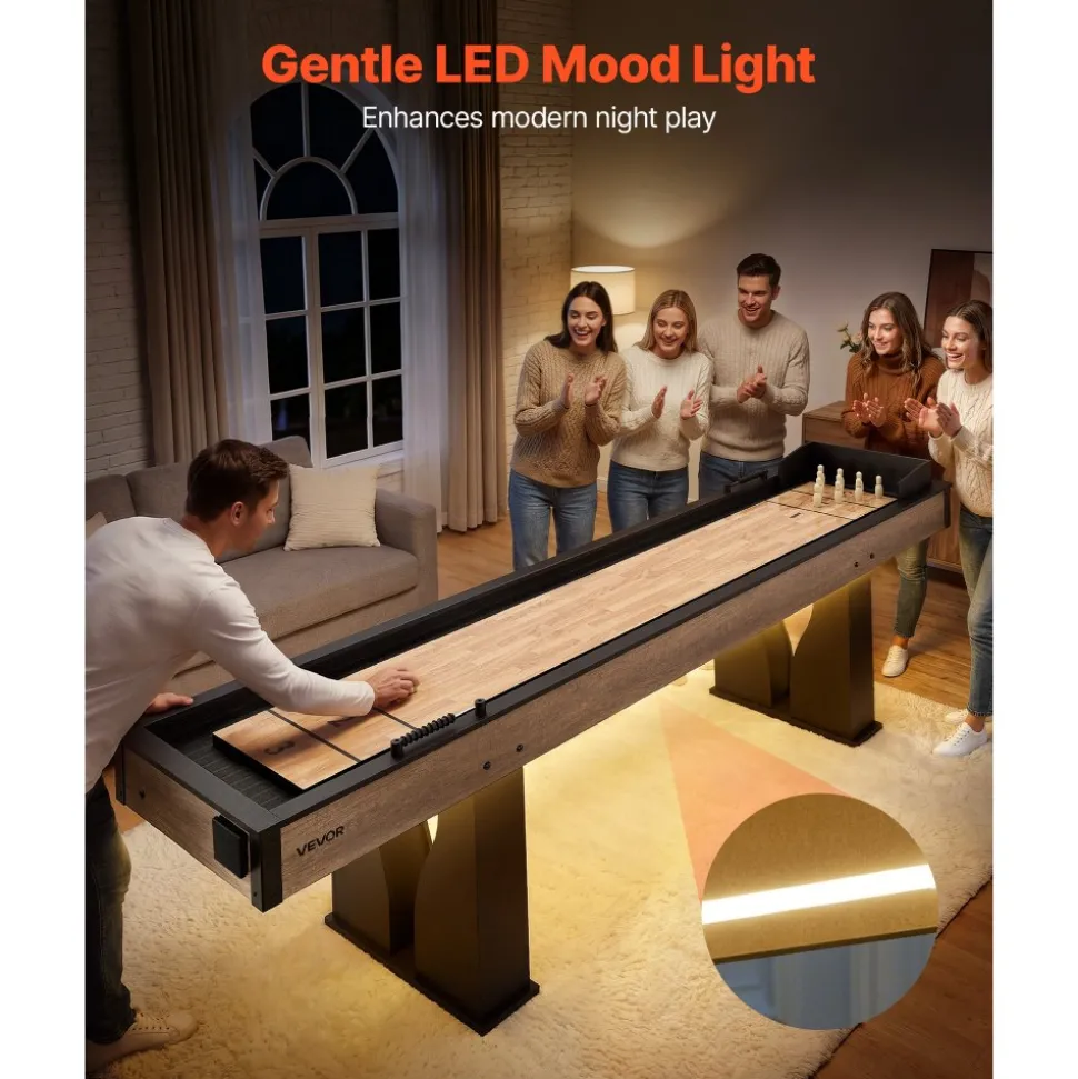 VEVOR 9 ft LED Shuffleboard Table, 2 in 1 Shuffleboard and Bowling Combo Set, Shuffle Board with Light‑Up Rails, Scratch-Resistant Playfield, 8 Pucks, Bowling Set, Wax, Brush, for Family Game Room