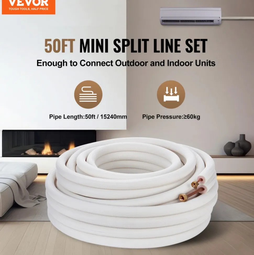 VEVOR 50FT Mini Split Line Set, 1/4" & 3/8" O.D Copper Pipes Tubing and Triple-Layer Insulation, for Mini Split Air Conditioning Refrigerant or Heating Pump Equipment & HVAC with Wrapping Strips.